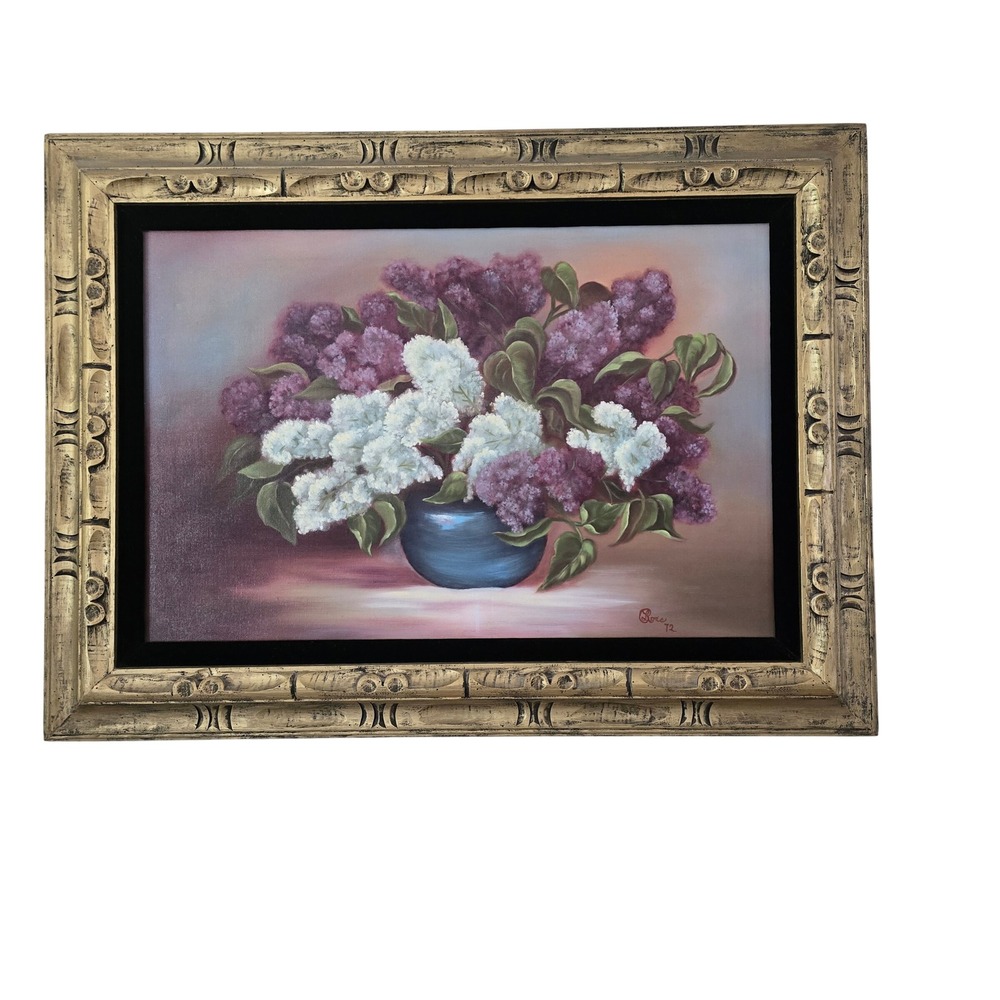 Vintage 1972 Signed Ross Lilac Floral Oil Painting Ornate Gold Frame Still Life